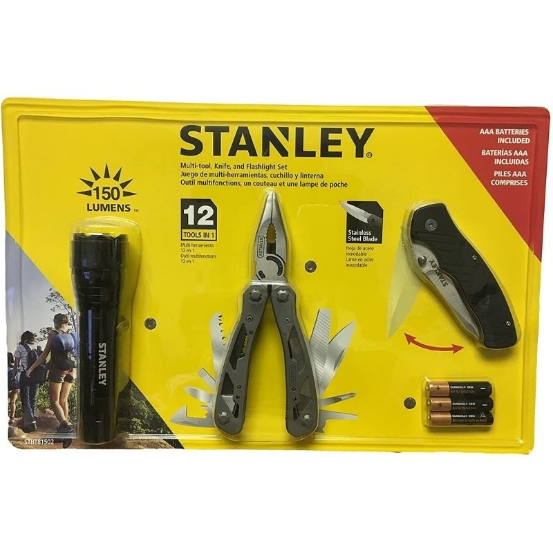 Stanley 12 in 1 Multi Tool Folding Pocket Knife 150 Lumens LED Light Set STHT 81502, Black